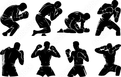 black silhouette vector illustrations of a boxer ducking to avoid a punch