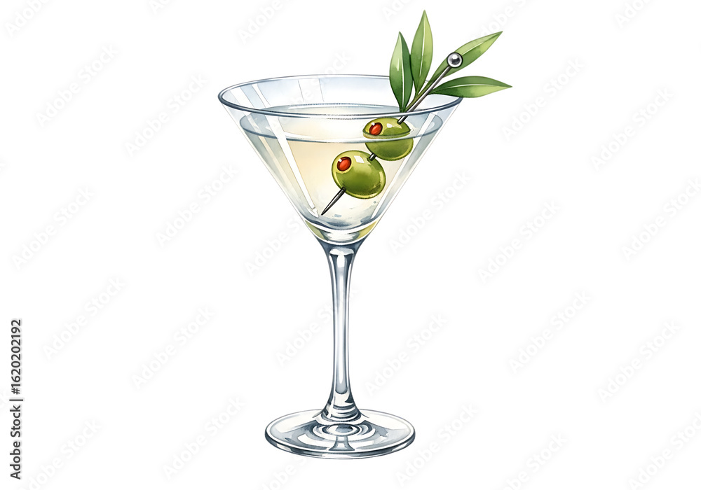 Fototapeta premium Elegant illustration of a classic martini cocktail with green olives Isolated on transparent background