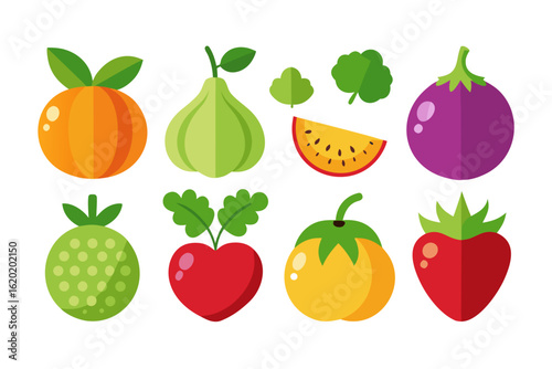 Collection of colorful fruits and vegetables isolated on white background