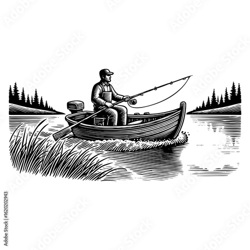 man fishing in lake engraving black and white outline. Scratch board imitation.
