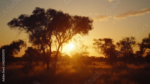 Sunset silhouettes, savanna trees, golden hour, African landscape, nature photography