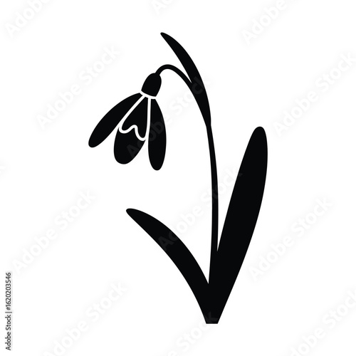 Simple black silhouette of a snowdrop flower