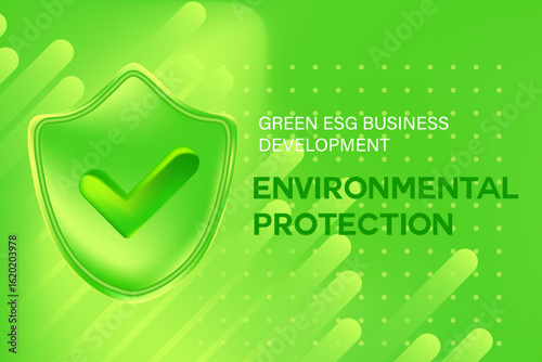 Abstract environment protection, green sustainability business background with copy space. Digital ESG development, blurred gradient texture with 3D glass security shield with glowing check mark icon