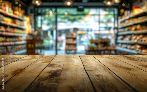 Empty wooden shelves and tables stand in a quiet supermarket interior, their texture and architecture lit by soft light