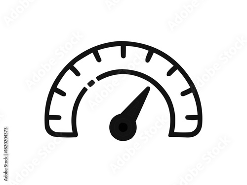 Illustration of a speedometer with a black needle indicating a moderate level on a curved gauge