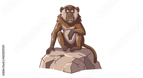 Wildlife illustration. Cartoon baboon sitting on a rock with detailed fur texture, open mouth, and expressive face. Wild animal concept. Vector illustration.