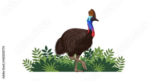 Cassowary illustration. Large flightless bird with vibrant neck colors, casque on head, standing amid tropical green foliage. Wildlife and rainforest nature representation. Vector art.