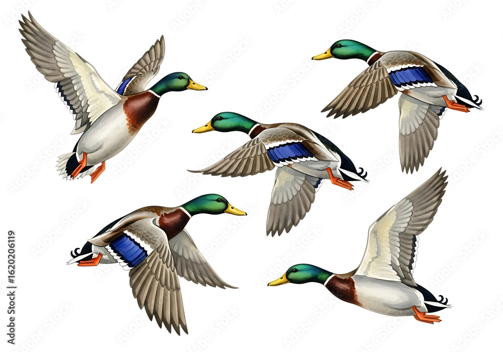 Obraz premium Majestic illustration of five mallard ducks in flight Isolated on transparent background
