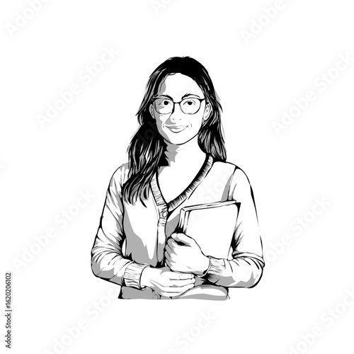 "Vector illustration of a female teacher holding a book, standing confidently in a classroom concept, black and white line art."