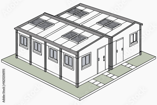 Isometric view of two modular buildings with flat roofs and multiple windows and doors in a simple design