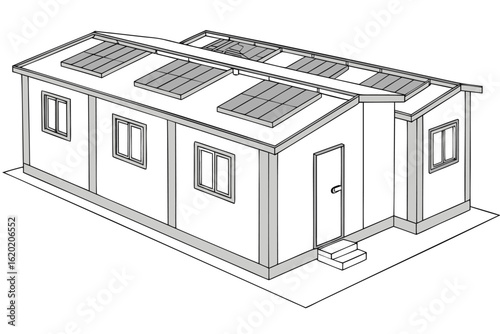 Illustration of a prefabricated building with solar panels on the roof and windows and a door visible