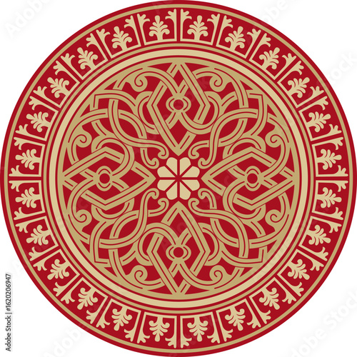 Vector gold with red round classic byzantine ornament. Circle, ring, border, Ancient Greece, Eastern Roman Empire frame. Decoration of the Russian Orthodox Church
