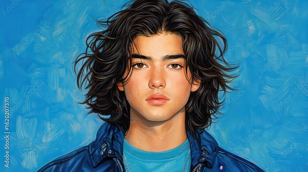 Fototapeta premium Portrait of a Young Man with Curly Hair Against a Blue Textured Background