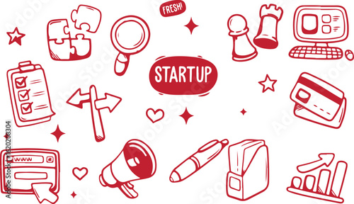 Startup & Business Doodle Set – Rocket, Launch, Laptop, Idea, Chart, Lightbulb, Target, Office, Startup Icon, Business, Innovation, Doodle, Vector, Hand-Drawn, Plan, Growth