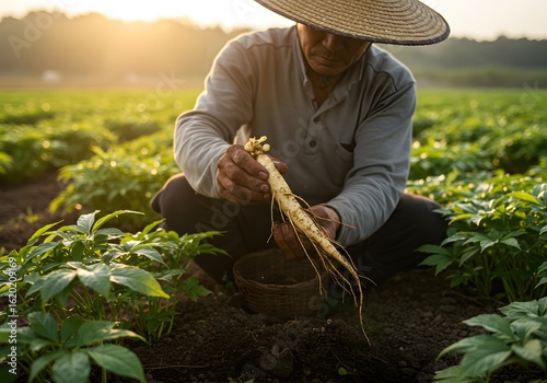 A Korean farmer carefully harvests fresh ginseng roots on a traditional farm, highlighting the herbal health culture.