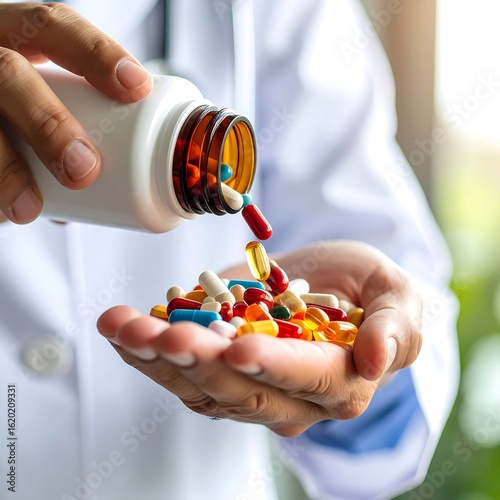 Doctor's hands dispensing various pills from a bottle onto their palm