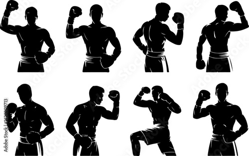 black silhouette vector illustrations of a boxer raising one fist, each figure in a different dynamic pose