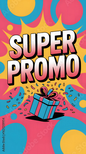 Comic-style explosion background with gift box and bold 