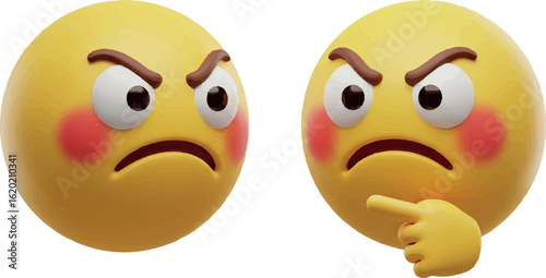 Two Yellow Emoji Depicting Intense Anger and Annoyance Pointing Fingers with Sharp Eyebrows and Glaring Eyes