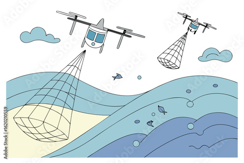 Aerial drones carrying nets over ocean waves with fish and clouds in the sky on a white background