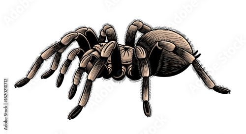 Detailed tarantula illustration. Realistic depiction of a large hairy spider with intricate leg and body textures on a white background. Arachnid wildlife concept. Vector illustration.