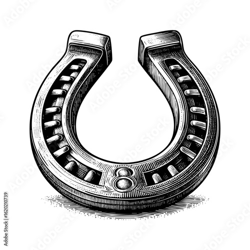 Horseshoe sketch engraving black and white outline. Scratch board imitation.  illustrated in vintage line art style on a white background.