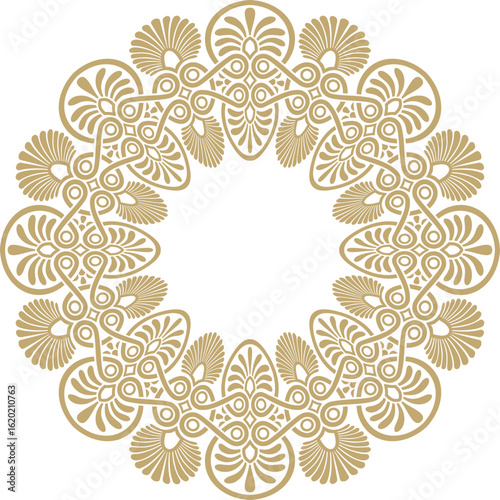 Vector golden classic Greek round ornament. Circle of Ancient Greece and the Roman Empire. Byzantine painting of walls, floors and ceilings. Decoration of European palaces.
