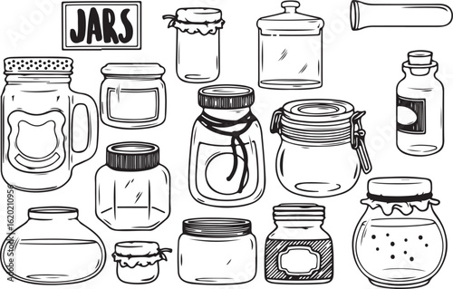 Glass Jars Vector Icon Set – Mason Jar, Lid, Bottle, Container, Kitchen, Storage, Vintage Style