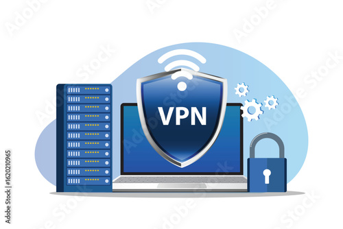 Secure VPN Network Connection with Data Server, Laptop, and Padlock. Cybersecurity and Privacy Protection Flat Vector Illustration