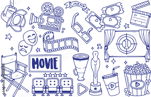 Movie Icon Doodle Set – Film Reel, Camera, Clapboard, Popcorn, Award, 3D Glasses, Cinema, Scene