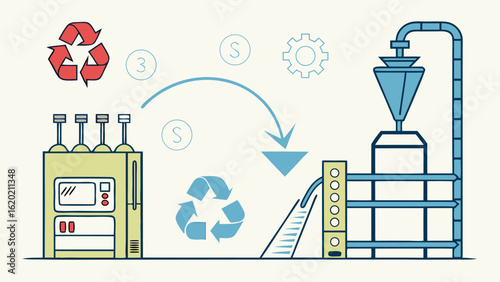 Illustration depicting a recycling process with bottles, machinery, and circular arrows indicating reuse