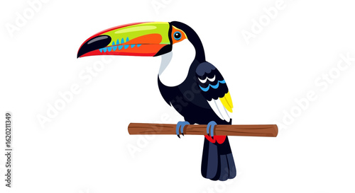 Exotic tropical toucan illustration. Colorful toucan bird with vibrant green, yellow, and orange beak perched on a wooden branch. Wildlife and nature concept. Vector illustration.