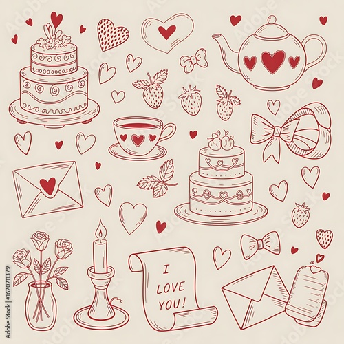 Hand Drawn Valentines Day Illustration with Cakes Teapot Hearts and Flowers for Celebrations and Greetings