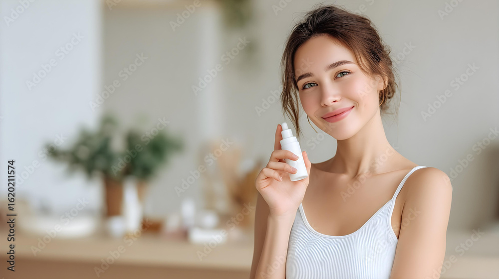 woman with a gentle smile, holding a few skincare products woman with a gentle smile, holding a few skincare products