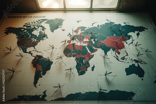 Mosquito spread visualized across world map highlighting disease vector locations and global health concerns for research and awareness campaigns