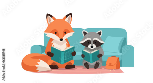 Animal reading illustration. Adorable fox and raccoon characters sitting on a couch reading books, with a school bag placed nearby. Education and learning concept. Vector illustration.