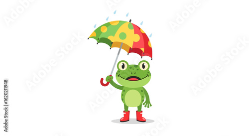 Cute frog standing with colorful umbrella and wearing red rain boots. Smiling cartoon amphibian character under light rain with playful design. Weather fun concept. Vector illustration.