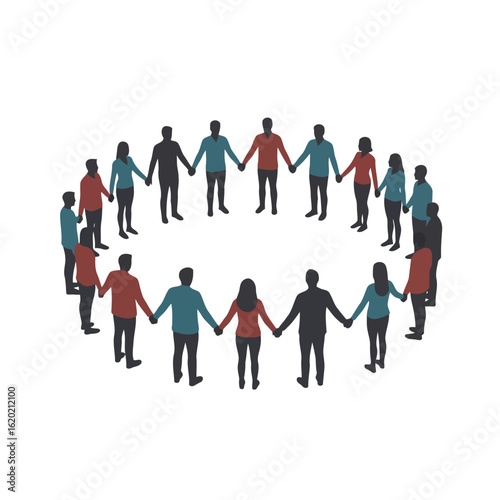 Silhouettes of diverse people forming a circle and holding hands, isolated on white background, symbolizing unity, community, and collaboration