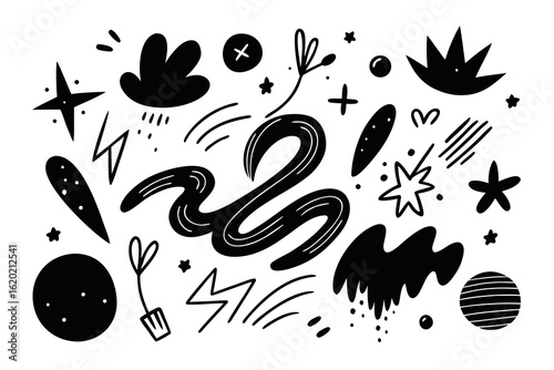 Playful doodle collection with stars, flowers, and abstract shapes for creative projects and designs, perfect for adding a whimsical touch to any visual, originally a scalable vector