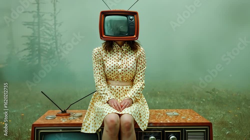 Surreal Woman with Television Head in Dreamy Nature Landscape Fashion Scene