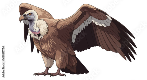 Bird illustration set. Detailed drawing of a griffon vulture with open wings showcasing feather textures and natural coloration. Wildlife and ornithology concept. Vector illustration.