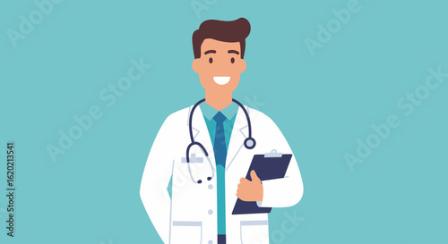 Smiling male doctor in white coat holds clipboard, ready to help patients.