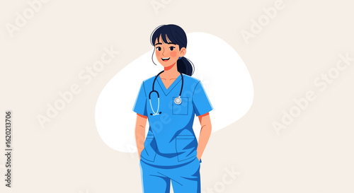Professional female nurse in blue scrubs with a stethoscope. A smiling medical worker character illustration for healthcare concepts.