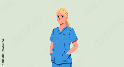 Female healthcare professional in blue medical scrubs. Vector character illustration of a smiling nurse or doctor with blonde hair.