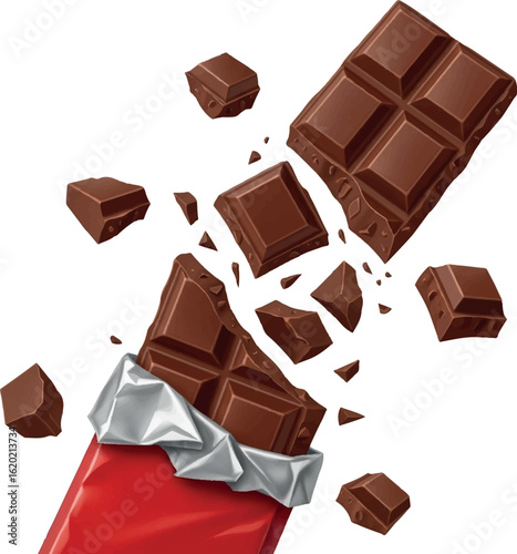 Delicious Milk Chocolate Bar Exploding into Irresistible Pieces A Tempting Treat for Chocolate Lovers with Foil and Red Wrapper