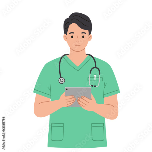 A male nurse or doctor in green scrubs holding a tablet and wearing a stethoscope around his neck.