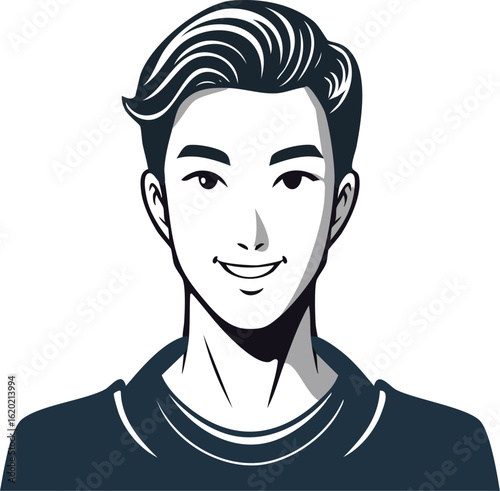 Black and white portrait of a smiling young man with stylish hair and simple design