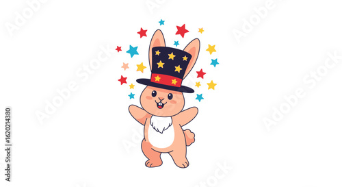 Magical bunny illustration set. Cute cartoon rabbit wearing a black magician?s hat with colorful star decorations, surrounded by floating stars in vibrant shades. Fantasy and children?s entertainment.