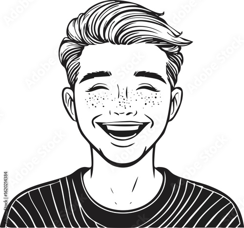 Cheerful Young Man Portrait with Freckles and Stylish Hair in Black and White