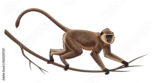 Monkey illustration. Detailed drawing of a brown monkey walking on a tree branch with a long tail and realistic fur texture. Wildlife and animal behavior concept. Vector art.